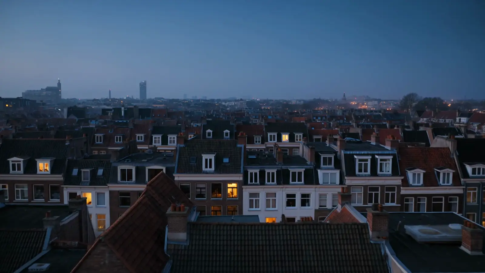Dächer einer Großstadt am Abend, in einigen Wohnungen brennt Licht