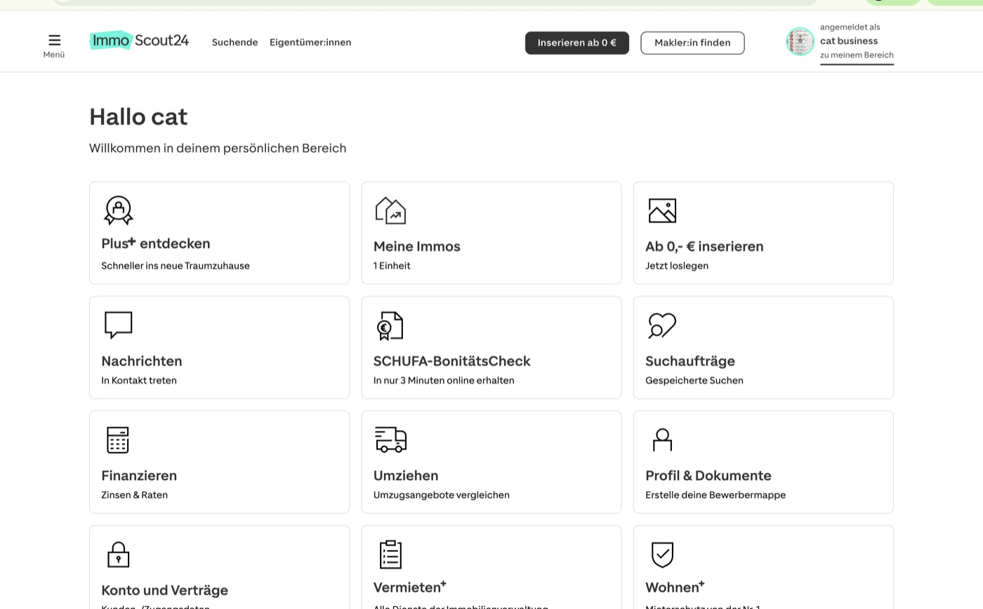 Der persönliche Bereich bei ImmoScout24 – hier findest du die Kachel „Profil & Dokumente“.