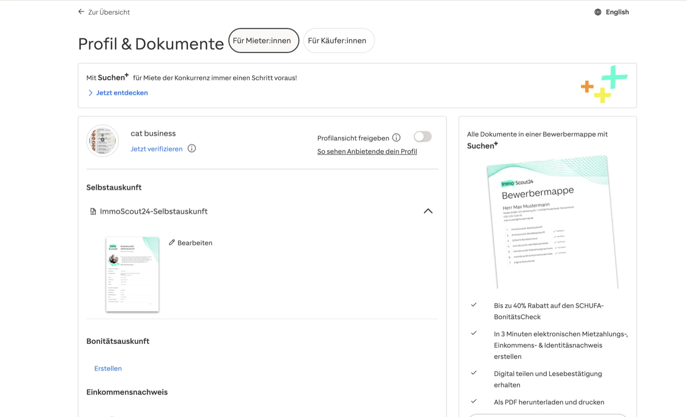 Unter „Profil & Dokumente“ liegt die ImmoScout24-Selbstauskunft – mit „Bearbeiten“ öffnest du sie.