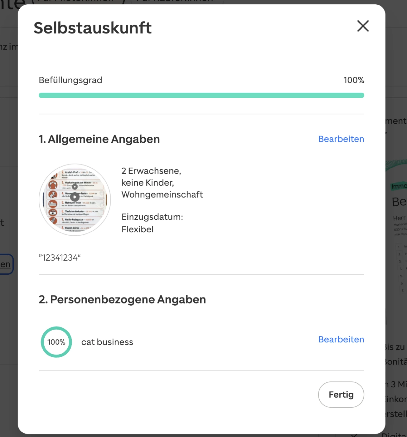 So sieht eine vollständige Mappe aus: Befüllungsgrad 100 %, „Personenbezogene Angaben“ 100 %.